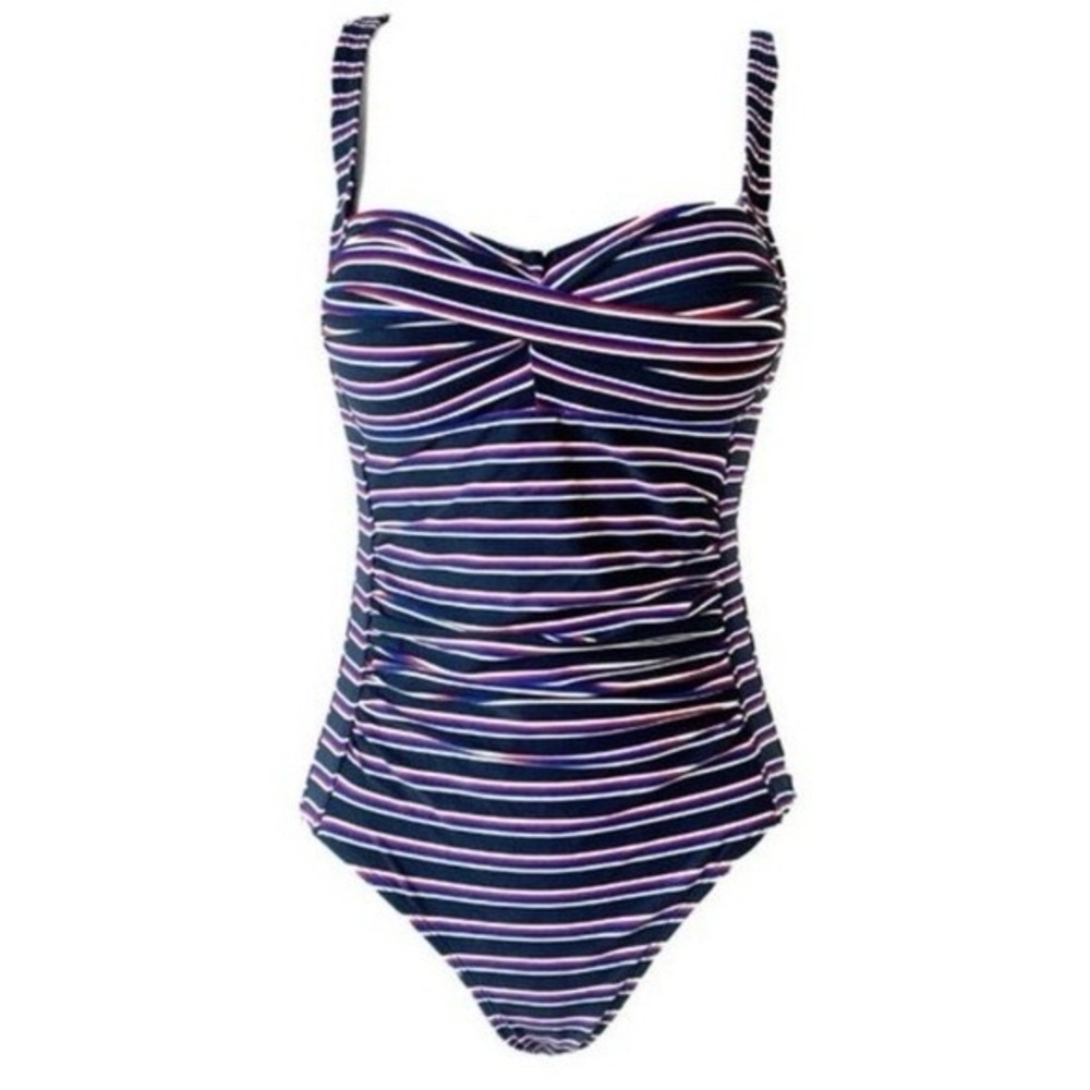 Nip Tuck One Piece Swimsuit Womens Striped Sz 10 Padded Blue White Multi Fit Cup
